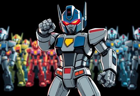 An intense, super detailed graphic novel illustration in a dynamic action pose features a central, powerful robot figurine. The robot, boasting a deep blue head with a glowing red visor and a crisp white body with a prominent gold emblem on its chest, is rendered with sharp lines and bold brush strokes, exuding a contemporary aesthetic. A Grammer Effect style and subtle splash ink elements enhance its futuristic design. It stands silhouetted against a stark black background, where other blurred, multi-colored robot figurines create an attractive, expansive collection display. The impeccable composition employs a creative angle, drawing the eye directly to the robot's vivid emotions and powerful message. Stunning, harmonious colors and captivating lighting define this high-quality, handcrafted piece. Trending on ArtstationHQ, CGSociety quality.