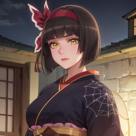 (masterpiece:1.2, best quality), (finely detailed beautiful eyes: 1.2), (extremely detailed CG unity 8k wallpaper, masterpiece, best quality, ultra-detailed),1girl,  mio, large breasts, yellow eyes,hairband, japanese clothes,  (purple) kimono , black gloves, hair bow,spider web print, sash , obi, hair ribbon,  High contrast, (best illumination, an extremely delicate and beautiful),(simple backround, outdoors,  front on),  beautiful detailed glow, (beautiful detailed face, beautiful detailed eyes)