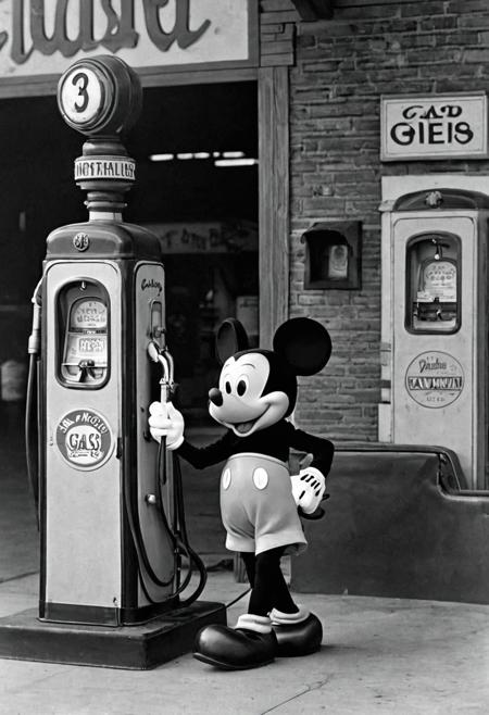 1929 Mickey Mouse Pumping Gas At Gas Station