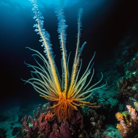 Illustrate the eerie, otherworldly environment of deep-sea hydrothermal vents. Show bioluminescent creatures, like giant tube worms and unusual fish, thriving in the dark, with plumes of black smoke rising from the seafloor.
