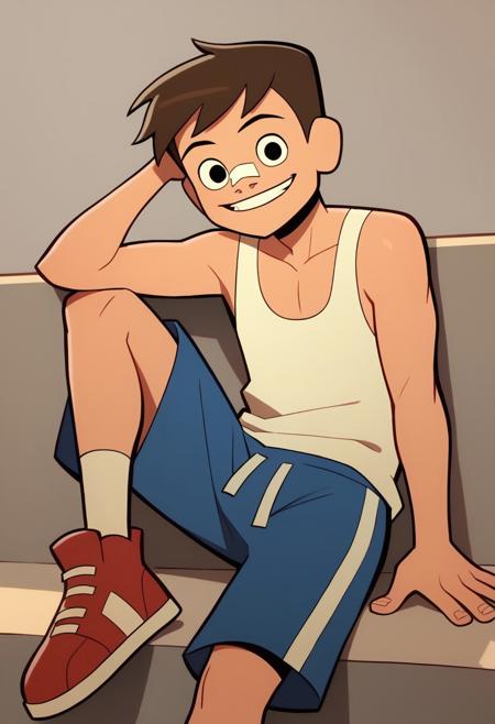 LuckyLay, 1boy, brown hair, black eyes, nose bandage white tank top blue shorts with white stripe white socks with red stripe white-laced black sneakers <lora:LuckyLay:1>