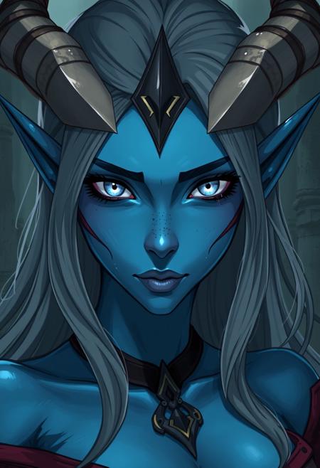 anime style, female tiefling, blue skin, white eyes