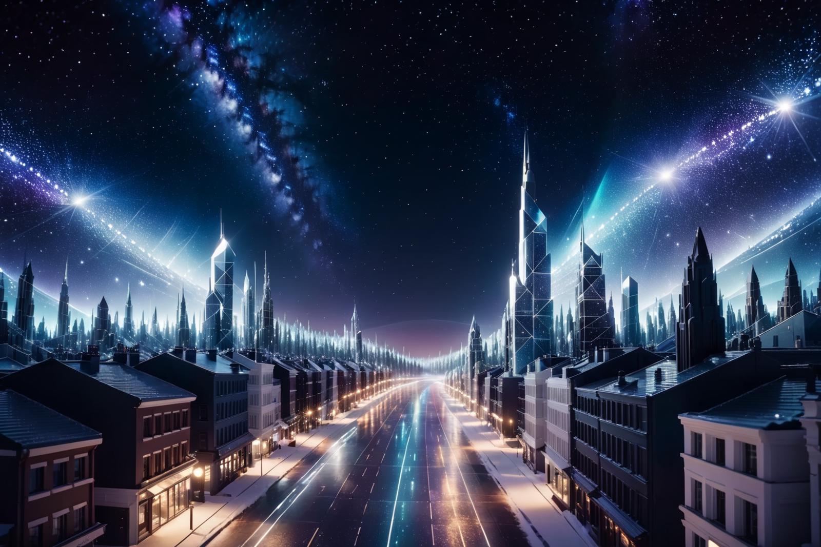 Futuristic city at night with neon lights and illuminated skyscrapers.