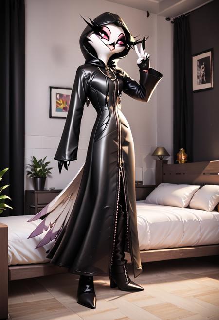 score_9, score_8_up, score_7_up, score_6_up, score_5_up, score_4_up, masterpiece, high quality, detailed, best quality, white bed, solo, rating_safe, source_furry, indoors, white bed, bedroom, looking at viewer, smiling, seductive, v sign, standing, waving, detailed eyes, 1girl, Stella \(Helluva Boss\), furry female, owl, demon owl, red eyes, white pupils, long eyelashes, white body, white feathers, feathers hair, long hair, eyeshadow, beak, pink beak, bird tail, tail feathers, zipper, black footwear, hood, long sleeves, gloves, zipper, sleeves past fingers, hood, black coat, sleeves past wrists, long sleeves, coat, hood up,golden crown, midriff