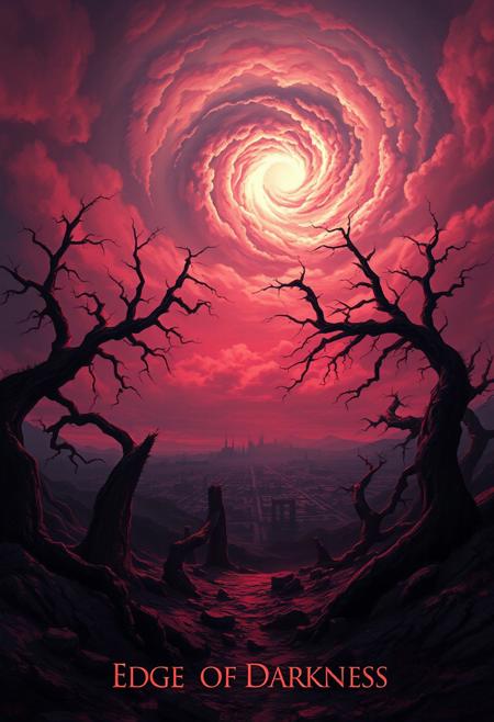 Surreal, fantasy-style digital painting depicting a desolate landscape under a dramatic sky. The layout features a central focus on twisted, barren trees with gnarled branches reaching towards a luminous, swirling cloud formation that dominates the upper portion of the image. The color palette is dominated by dark reds, purples, and blues, creating a moody and otherworldly atmosphere. The foreground is littered with crumbling ruins and jagged rocks, leading the eye towards a distant, shadowy cityscape on the horizon. The overall composition conveys a sense of eerie beauty and desolation, with intricate details in the textures of the trees and the ominous sky. Across the bottom is the text "Edge of Darkness"