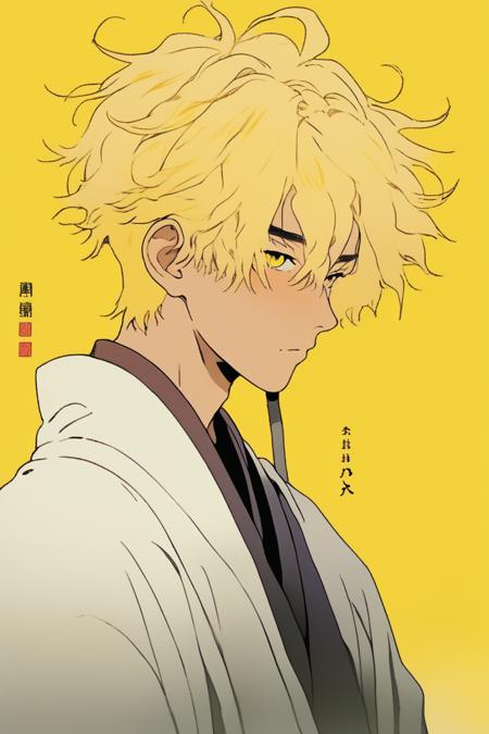 ghibli ,minimalism style,(1boy ),portrait,lip, chinese clothes,salt, Colorless gradient background, deep yellow hair,Short and messy hair, janitor ,Gothic , (masterpiece,best quality,niji style)