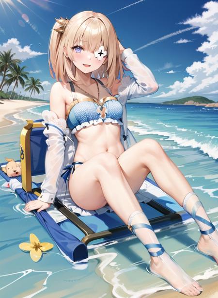 1girl,masterclass,best quality, illustration,  outdoors,beach,ocean, LeTerribleSwimsuit, blue_bikini, eyepatch, flower_eyepatch, frilled_bikini, long_sleeves,   necklace, off_shoulder,   one_eye_covered,    polka_dot_bikini,  ribbon,     white_jacket,   crown_hair_ornament, sitting,beach_chair,    <lora:Le_Terrible_D8_V5_e6:1>