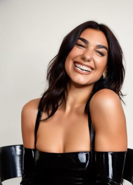 Full-length photograph of dualip as a beautiful female model, georgia fowler, beautiful face, with short dark brown hair, sitting in a chair, wearing black latex , smiling, happy