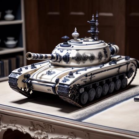 a (bwporcelaincd, porcelain, shiny:1.2) tank, toy model, (solo:1.2), <lora:bwporcelaincd-000016:0.8>, no humans, high quality, masterpiece, realistic, photorealistic, long-focus, (indoors, on table:1.2)