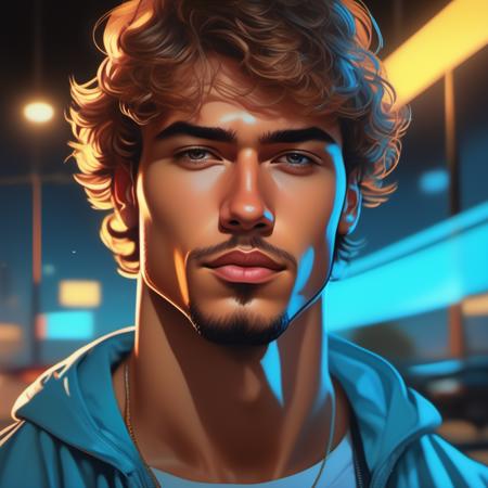 an image picture of a young handsome young man, light blue and light amber, <lora:NeonifyV2-000001:1> | Neon Realism