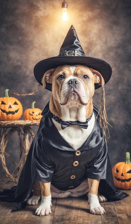 American Bully dog dressed in a costume for the celebration of Halloween. A dog in a witch costume. Preparing the dog for Halloween. Dramatic unusual scene. Beauty world. Retro filter and vintage style. Instagram toning effect, breathtaking photograph.