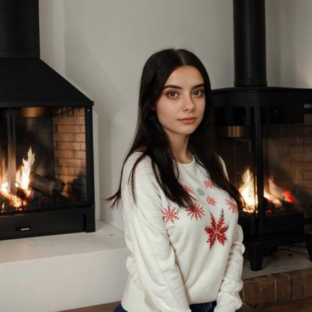 <lora:juliaaburch_sd15_512_128_64_v1:1> juliaaburch, 1girl, black long hair, wearing a christmas sweater, christmas decoration in background, lit fireplace in background