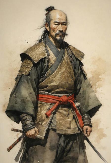 samurai, by Howard Pyle, (dim, Watercolor 2 but extremely beautiful:1.4), (intricate details, masterpiece, best quality:1.4) , in the style of nicola samori, Japanese Style Ink Drawing, ink drawing, ink-wash, Japanese Style Ink Drawing,, looking at viewer