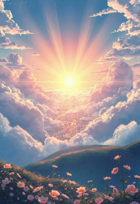 Vertical 9:16 cinematic anime scene, mountaintop view over a glowing city in the distance, slow-moving layers of clouds with dynamic texture and volume, sunlight piercing through in brilliant shimmering rays, soft glow illuminating the hills and rooftops below, flowers gently swaying in the foreground, pastel golden hour palette with blues, soft oranges, and warm pinks, ultra-detailed anime watercolor style, dreamy and emotional motion atmosphere.