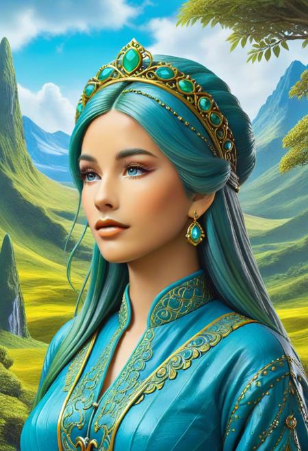 Queen made of dvr-pckl, magical landscape with enchanted elements, fantasy art style, slate blue theme, intricate details, ultra sharp, exquisite detail, flawless composition, vivid colors, masterpiece, Super model, portrait, stoic, expressionless, beautiful, photorealistic, UHD, 8K, masterpiece, detailed, ultra_high_resolution, lots of detail, YurYuna, modest, sfw, gorgeous, looks beautiful and aesthetic, colorful background, key visual, luxurious, artistic, high resolution, digital art, visual aesthetics, contemporary design, vibrant colors, artistic composition,  elegant, intricate detailing, modern,
