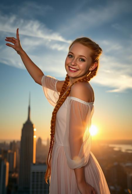 A 20 year old irish girl with ginger braided hair is standing on top of a skyscraper with the sun setting in the background. Her silhouette is contrasted against the skyline. She is wearing a white see-through gown. She has large enchanting green eyes. She has a cute freckled face and blushing cheeks. Her smile is warm and welcoming. She has one arm raised, the other is resting on her hip. The photograph is taken with an analog machine, producing film grain effects. Photorealistic, HDR,