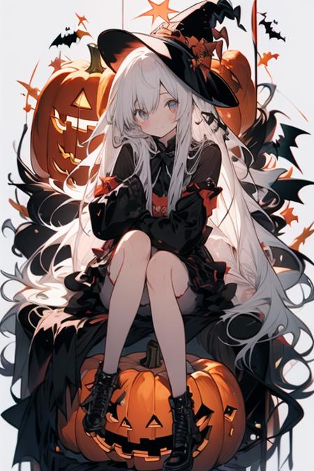 masterpiece, best quality, high quality, 4k, <lora:halloween-08:0.8>1girl,halloween costume,bat,Glowing Pumpkin,long hair, white hair, yellow eyes, Witch Hat <lora:Colorful portraits_20230715165729-000018:0.6>