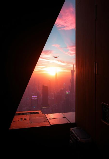 A fleeting sunrise seen through a narrow, tinted slit in the sleek, matte-black concrete wall of a futuristic, dystopian high-rise. For a single second, the sun’s neon-orange rays stream in, casting a surreal, warm glow across the sterile interior filled with glowing holographic displays and humming machinery. Beyond the slit, a sprawling cyberpunk cityscape unfolds with towering megastructures, flickering neon signs, and autonomous drones silhouetted against a sky streaked with electric pink and violet hues. The brief sunlight glints off a metallic surface inside, emphasizing the contrast between the cold, high-tech environment and the ephemeral beauty of the sunrise, before shadows reclaim the scene.