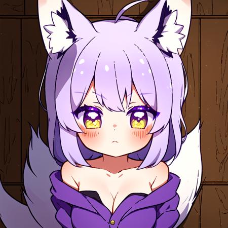 (masterpiece:1,2), best quality,none,
1girl, solo, breasts, animal ears, tail, long hair, fox ears, fox tail, cleavage, looking at viewer, purple hair, blush, jacket, collarbone, fox girl, yellow eyes, animal ear fluff
 <lora:Chibi_kawai:1>