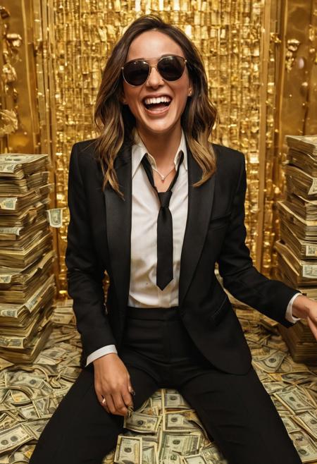 A female, wearing a black suit, black tie, sunglasses, in a golden room, cash piles, laughing, detailed, realistic