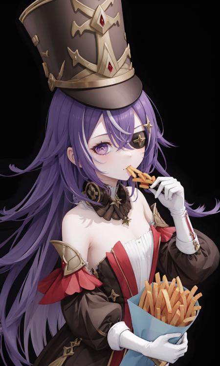 <lora:å¤æ²è¾-000019:1>,Chevreuse,1girl,food,food on face,solo,hat,purple hair,holding,eyepatch,french fries,long hair,gloves,eating,purple eyes,holding food,looking at viewer,white gloves,white background,bare shoulders,bangs,military hat,uniform,hair between eyes,simple background,chicken \(food\),, 1girl,
,  (masterpiece,best quality:1.2),absurdres