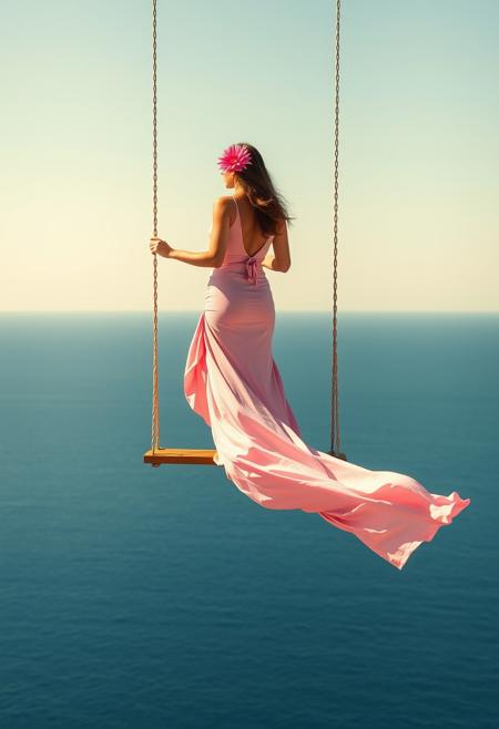A serene and surreal scene featuring a woman standing on a swing suspended high above the vast, empty ocean.  The woman is dressed in an elegant, flowing pink dress with a dahlia flower in their open long hair, adding a touch of vibrant color against the calm blue backdrop of the sea and sunny, warm sky.  The dress is long and flowing in the wind.