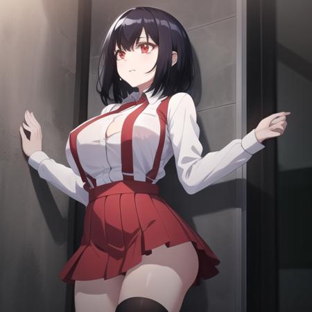 (masterpiece, best quality:1.2),illustration,8k,hd,absurdres,1girl,solo,cowboy shot,bangs,large breasts,red eyes,suspenders,suspender skirt,socks,black hair,collared shirt,short hair,kneehighs,school uniform,red skirt,white shirt,long sleeves,glowing eyes,<lora:Hanako(remake):0.8>,