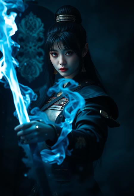 A samurai geisha, stands in a tenebrous, smoke-filled environment. Her countenance, framed by raven hair, is one of unwavering resolve, illuminated by the effulgent ice mist she wields. She is clad in meticulously crafted armor, its dark metal reflecting the blue flames. The image, meticulously composed as a medium shot with a slightly low angle, emphasizes her indomitable spirit and mastery over the elements. The chiaroscuro lighting technique accentuates the ethereal nature of her power, while the meticulously rendered background hints at a world engulfed in conflict and magic.  Cinematic hyperrealism, tenebrism, volumetric lighting, high-contrast, deep shadows, heightened gamma, painterly rendering.