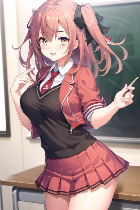 long hair,pink hair,one side up,hair ribbon,black ribbon,braid,hair bow,hair between eyes,sidelocks,yellow eyes red jacket,open jacket,white shirt,collared shirt,red necktie,short sleeves,large breasts,miniskirt,pleated skirt,red skirt,white socks,loafers