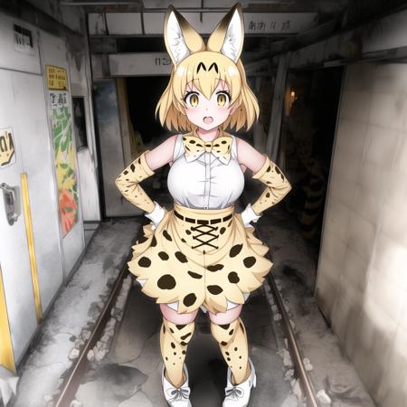 serval (kemono friends), 1girl, cat girl, serval ears, serval print, white sleeveless shirt, yellow bowtie, blonde hair, short hair, bare shoulders, open mouth, white boots, ((solo)), detailed shading, detailed ambient light, in abandoned subway station, large breasts