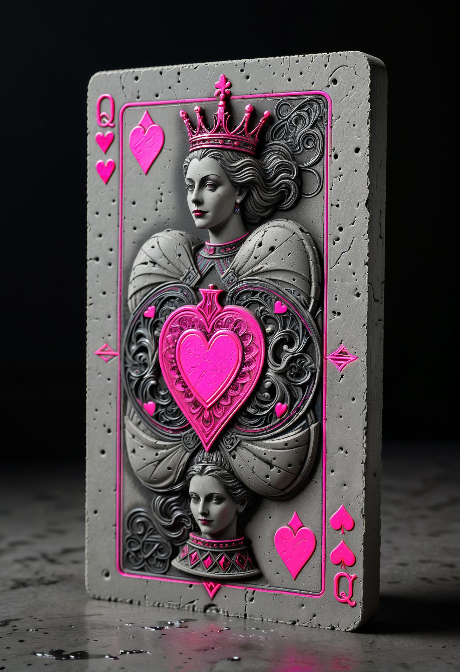 A card with a pink heart on it that says "queen of hearts".
