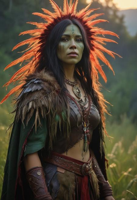 Full shot, heroic standing pose, ancient native indian witch, ((Green skin texture surface)), long hair, brown leather clothes and armour, a few red feathers at the head , dark purple fur cape, wind, sunset lights, tall grass landscape at they background , top light, low saturation, highly detailed,  masterful painting in the style of Anders Zorn | Marco Mazzoni | Yuri Ivanovich, Todd McFarlane, oil on canvas