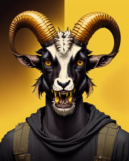 Illustration_Insanity , solo, open_mouth, yellow_eyes, food, horns, teeth, artist_name, signature, no_humans, crown, sharp_teeth, black_background, outline, white_outline, curled_horns, animal_focus, extra_eyes, yellow_theme, horizontal_pupils, honey, goat