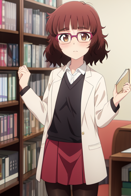 ayanokoura, glasses, red skirt, bookshelf, chair, pantyhose, book, blush, labcoat, collared shirt