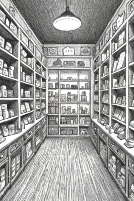 a drawing of inside a store with many items by Brian Selznick  <lora:Brian_Selznick_Style_XL:1>