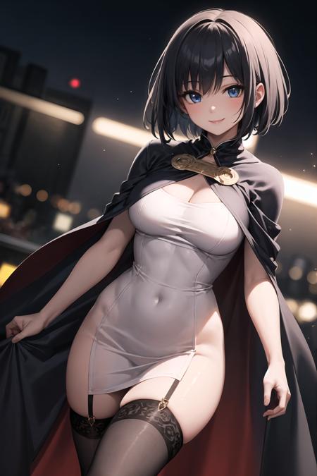 masterpiece, best quality, 1girl, short hair, blue eyes, long  cape, long dress, stockings,  stripes, night club, smile