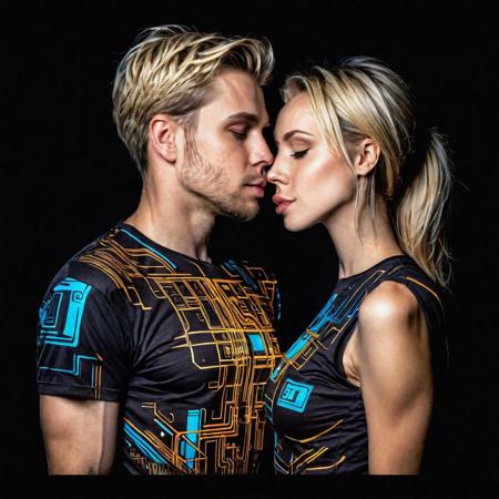 ( Ultradetailed desing T-Shirt square inside portrait woman and man kissing, Sci-Fi marc , 8k , tecnology detailed,chips, mechanism, beautiful neon colors , blonde and black hair, scuare desing:1.0)