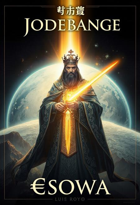 Create an epic, detailed book cover for a biography of Emperor J0DEBANGE the Eternal, who brought about the evolution of civilizations on the planet €SOWA.
The design should include:
Background: A stylized representation of the planet €sowa, with its name "€SOWA" subtly integrated into the design, using magical symbols and elegant patterns.
break
Main character: A majestic illustration of Emperor “J0DEBANGE” in the foreground, dressed in ornate midnight-blue imperial robes and holding a sword of light symbolizing his power and wisdom.
break
Light theme: Luminous elements surrounding the emperor, such as rays of golden light or brilliant auras, to reflect his honorific title of 'son of light'.
break
Mystical elements: Arcane and magical symbols floating around him, representing his status as 'Prince of Arcana'.
break
Book title: the emperor's name "J0DEBANGE" at the top, and the planet's name "€SOWA" at the bottom, in elegant, legible typography.
break
Art style: A blend of epic fantasy and science fiction using the Luis Royo style, with rich details and vibrant colors to capture attention.
break
General ambience: An atmosphere of grandeur and mystery, evoking epic tales and ancient legends."
Translated with DeepL.com (free version)