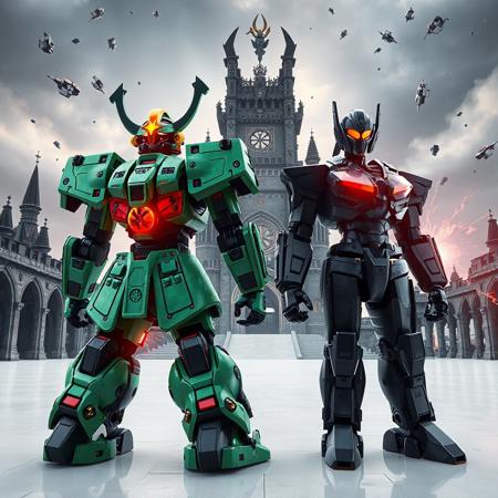 "Ultra-detailed 3D render of two  robots standing in unison on a pristine white stage before the Supreme King's Castle, a gothic fortress with obsidian spires and glowing crimson runes.
Left: Superheavy Samurai Prodigy Wakaushi – A jade-green mechanoid with kabuto-style helmet, articulated samurai armor plates, and a glowing yellow starburst emblem on its chest. Its head features a pulsating ruby-red sensor array, while twin katanas crackle with plasma energy on its back.
Right: Martial Metal Marcher – A matte-black war machine with industrial riveted plating, hydraulic piston limbs, and a blazing amber optic visor. Its chest pulses with a crimson reactor core, and its fists morph into rotating tungsten drill bits.
Both robots stand in mirrored battle stances, energy fields intertwining as they face a holographic threat. The castle looms with floating debris and prismatic energy storms, its arches crumbling under cosmic pressure. Dramatic Dutch angle shot using Unreal Engine 5 ray tracing, Octane Render hyper-textures, and Raphael-style chiaroscuro lighting. Metallic surfaces reflect fractal nebulas, while splash ink effects blend with Houdini particle simulations for a retro-mecha aesthetic. 8K resolution, ArtStation-trending composition, golden ratio symmetry, dominated by emerald, onyx, and crimson with chromatic combat-readiness accents."