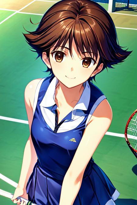 best quality, ultra-detailed, an extremely delicate and beautiful, high resolution, extremely detailed CG, masterpiece,
cowboy shot,
seductive smile,
(wearing detailed tennis wear:1.3),
tenshinoinai12, (hazuki maho:1.2), 1girl, solo, short hair, brown hair, brown eyes, flipped hair,
(small breasts:1.2),
<lora:tenshinoinai12_V1_1:0.7>,
 <lora:outline:-0.5>, <lora:flat2:-0.2>