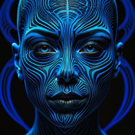 A surreal, close-up portrait of a face covered in intricate, glowing blue lines that form zebra-like stripes across the skin. The lines contour the face, emphasizing the eyes, nose, and lips, while creating a mesmerizing, abstract pattern. The background is pitch black, making the glowing lines and the details of the face stand out vividly. The overall mood is mysterious and otherworldly, with a focus on symmetry and contrast.