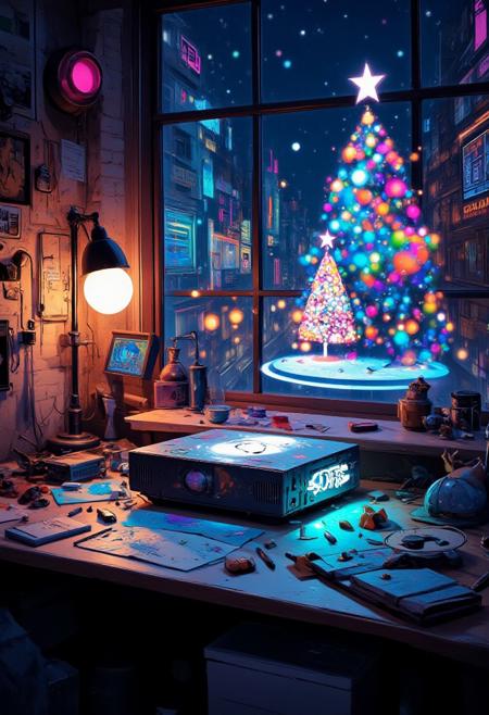 xmas_style_2K24, Create a high-quality, extremely detailed digital graffiti drawing of a futuristic projector on a desk in a cyberpunk workshop. The projector is sleek and tech-enhanced, with a metallic finish and neon accents. It is projecting a hologram of a Christmas tree with dazzling, multicolored lights. The tree is vibrant and three-dimensional, casting a soft glow over the workspace. The desk is cluttered with futuristic tools, circuit boards, and holographic displays. The background features a cyberpunk cityscape visible through a window, with neon lights and digital billboards adding to the futuristic atmosphere. The scene combines the warmth of the holiday season with the advanced technology of a cyberpunk world.