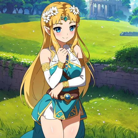 masterpiece, ultra-detailed, best quality, illustration, 8k cg wallpaper, an extremely delicate and beautiful, 1girl, Princess Zelda /(The Legend of Zelda/), solo, perfect anatomy, smiling, blushing, perfect arms, perfect hands, perfect fingers, perfect legs, cute, pretty, beautiful, sexy, perfect body, (background: flowery field, grass, trees, flowers, ruins, intricately detailed items in background), <lora:Flower_Prison:1>