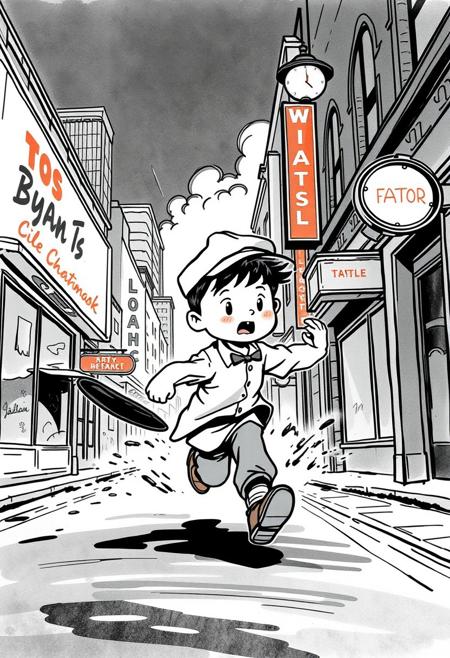 A boy in a newsboy cap chases his hat down a windswept city street, illustrated in bold lines with watercolor washes and vintage signage. graphic illustration, vintage storybook aesthetic, bold linework, expressive character gestures, limited color palette, mid-century visual style, 19th-century whimsy, narrative composition, urban and pastoral settings, playful tone, comic strip influence, period clothing, stylized figures, high-contrast rendering, ink and watercolor texture, dynamic movement, architectural detail, narrative illustration, light humor, classic book charm