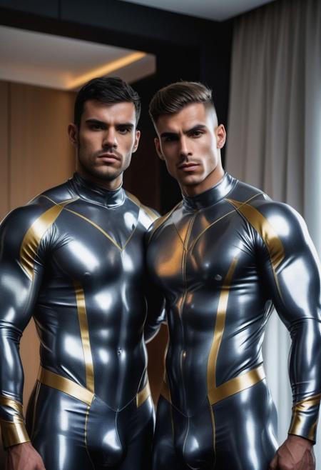 two strong 24-year-old spanish bodybuilder  males, with a side fringe curtains hairstyle, detailed face, confused expressions, wearing a skin tight gray latex futuristic suits with silver and gold latex details, wearing skin tight dark-gray latex jockstraps, standing at attention posture,  on a modern living room, looking to the camera, detailed face, professional photography, shot on sony a 7RIII , looking to the camera,  detailed skin face and eyes, natural lighting ,  film grain, low contrast, natural face,  dark circles under eyes