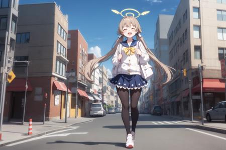 <lora:hifumi-t94-e6:1>
ajitani hifumi
, 1girl, petite
, halo, low twintails, light brown hair
, school uniform, black pantyhose, sneakers
, medium breasts, :d, closed eyes, solo, full body, happy, backpack.     
building, sky, city.