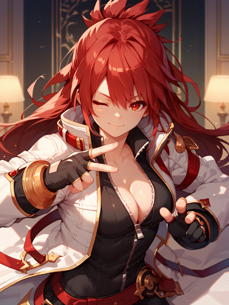 BlazingHeart, red hair, red eyes, long ponytail white coat, cleavage, gloves, asymmetrical clothes, single pantsleg