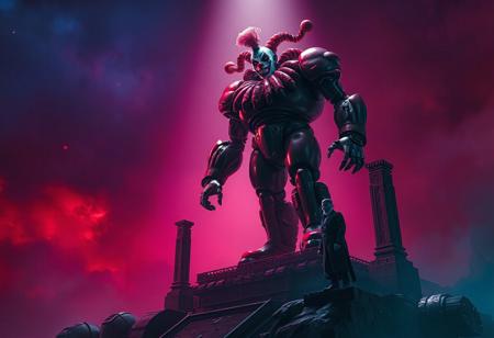 "Capture a dramatic, high-definition image of Saggi the Dark Clown robot standing atop the Orca Mega-Fortress of Darkness, set against a backdrop of a red, blue, purple, and black fade. The robot should be in an action pose, with a spotlight highlighting its attractive, beefy form and pompous expression. An old man can be seen in the scene, standing near a pillar and the singularity. Utilize a red and teal color scheme, with a focus on hyperrealistic details, cinematic lighting, and depth of field. The final image should resemble a still from a high-budget film or a visually striking 4K wallpaper, trending on ArtStation."