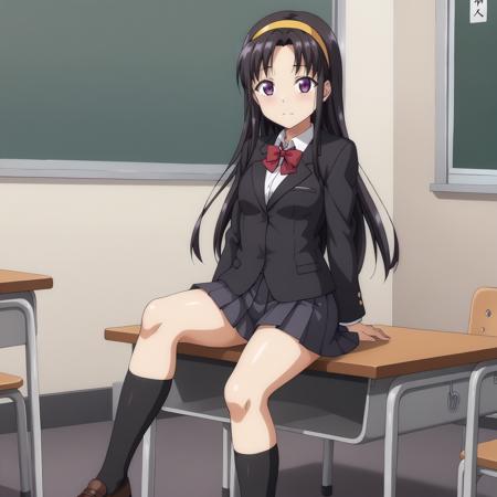 AkinoSakagami,1girl,black hair,hairband,long hair,purple eyes, school_uniform,black blazer,red bowtie, pleated_skirt,black skirt, black socks,