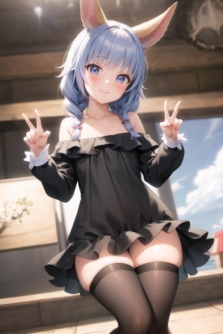 1girl, <lora:ElinLegs-000009:1>, elin, white thighhighs, black dress, smile, off shoulder, blue hair, forehead, twin braids, hair over shoulder,